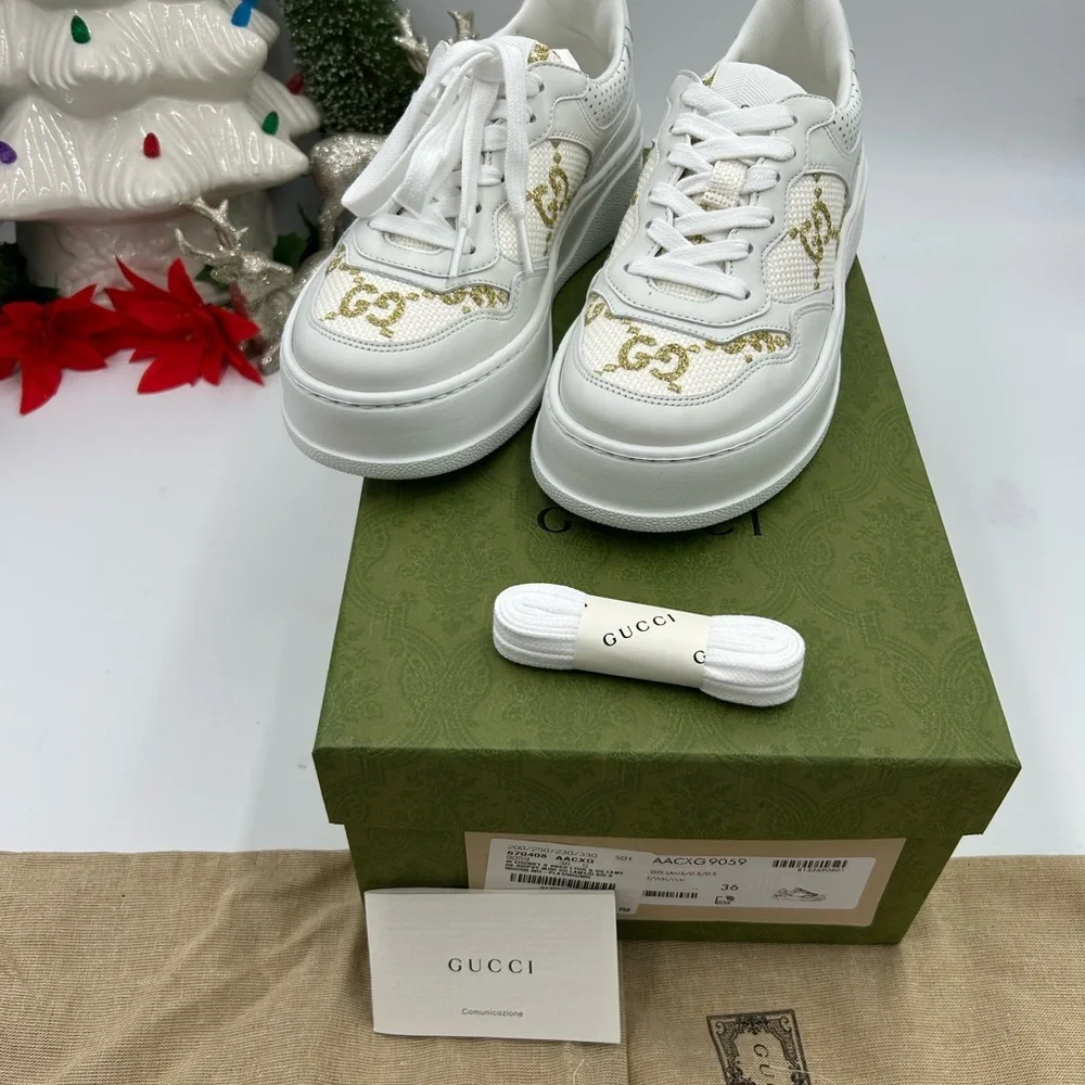 Gucci Women's platform low top sneakers in white leather with gold lame size 36 - Picture 9 of 9